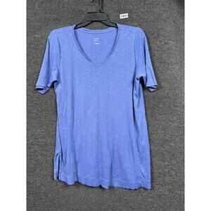 J Jill Pima Cotton Knit Tee Womens Size L Blue V-Neck Top Solid Short Sleeve